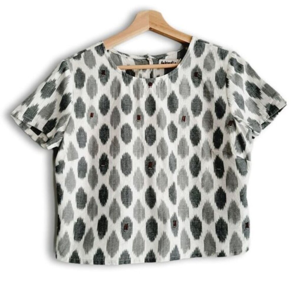 FABINDIA | 100% Cotton Boxy Bead Embroidered Ikat Crop Top Gray Sz M